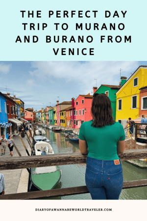 Pin for Pinterest with photo of Burano's houses with the title "The Perfect Day Trip to Murano and Burano from Venice